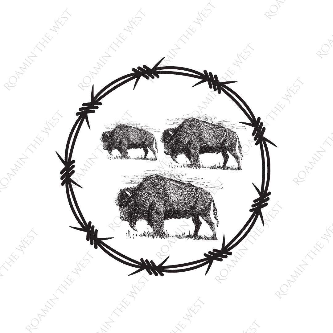 Three bison on roaming with barbed wire round border image for western upholsterers