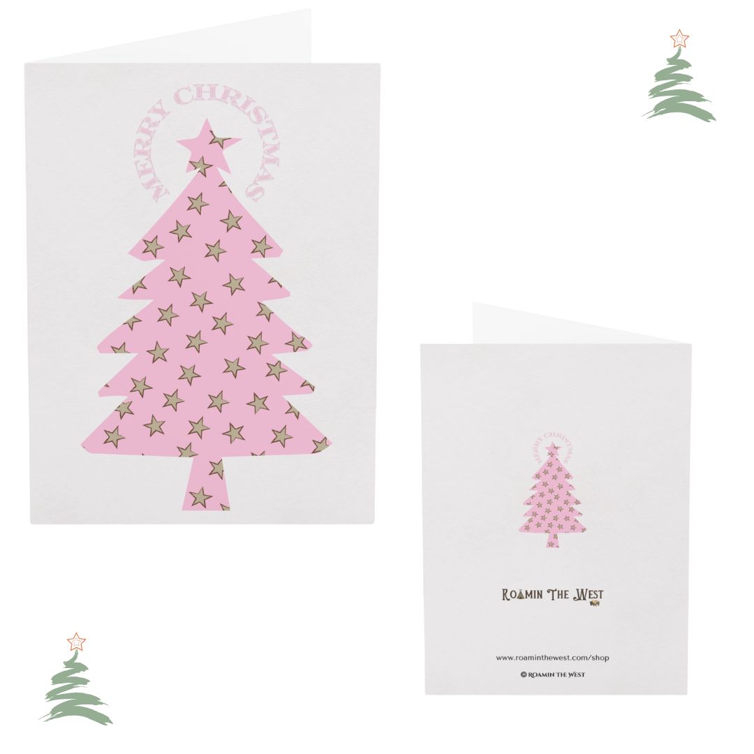 Two Christmas cards with pink tree designs and star patterns on a white background.