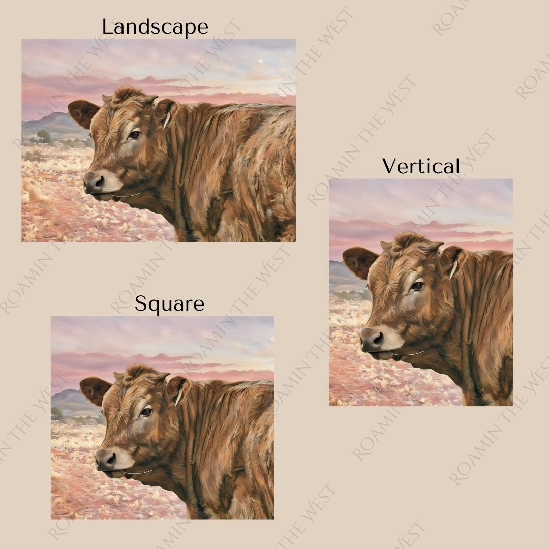 Cow #1 image downloadable file showing aspect ratios for western creatives