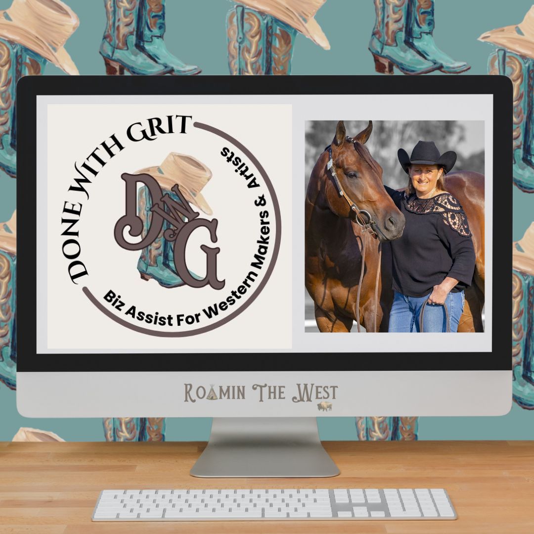 Photo of owner Mel and her horse and the Done With Grit logo