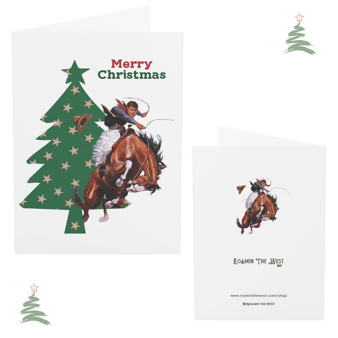 Christmas card with a cowboy riding a horse and a Christmas tree design.