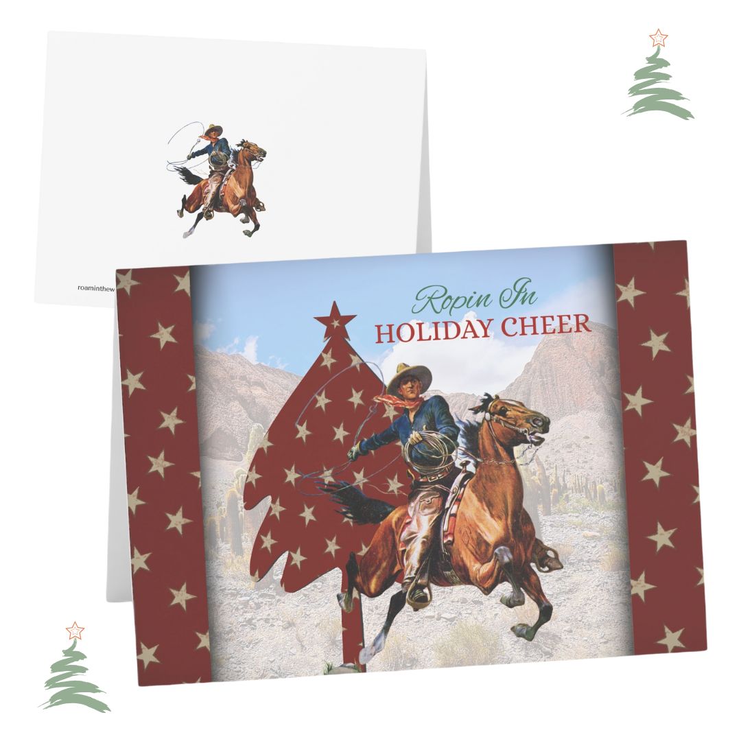 Christmas card with cowboy on horseback and 'Holiday Cheer' text, featuring a red border with stars.