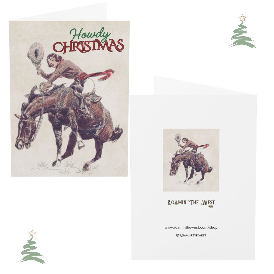 Christmas card with a cowgirl riding a horse and 'Howdy Christmas' text, featuring the brand 'Roamin The West'.