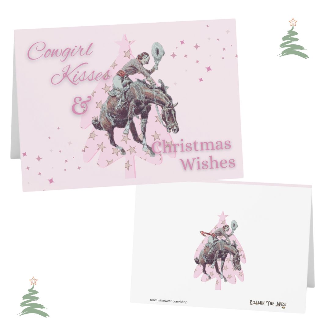 Christmas card with a cowgirl riding a horse on a pink background