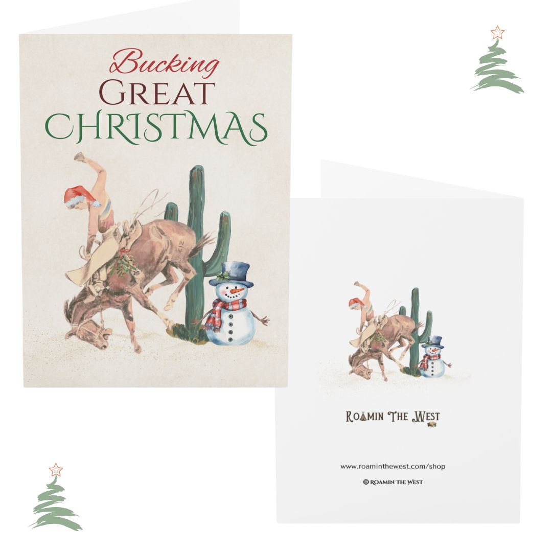 Christmas card featuring a bucking bronco and snowman with 'Roamin' The West' branding.