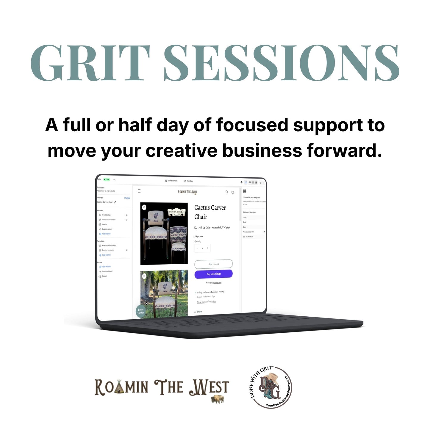 Laptop displaying a website with text about 'Grit Sessions' and branding logos.