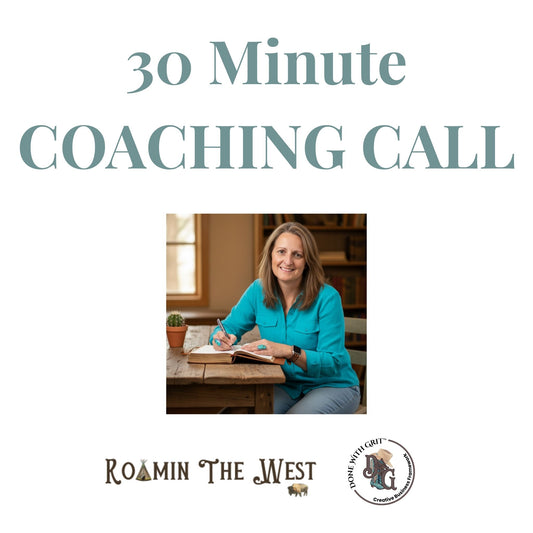 Promotional graphic for a 30-minute coaching call with the founder sitting at a desk, featuring 'Roamin' The West' branding.