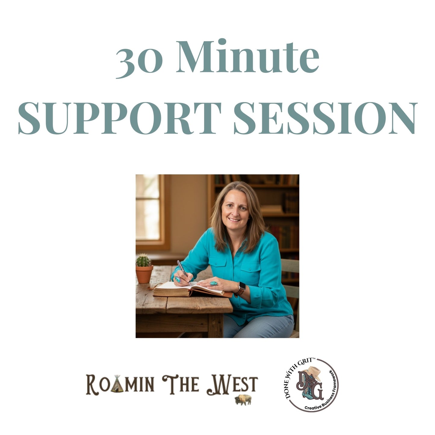 Advertisement for a 30-minute support session with the founder Mel sitting at a desk, featuring 'Roamin' The West' branding.