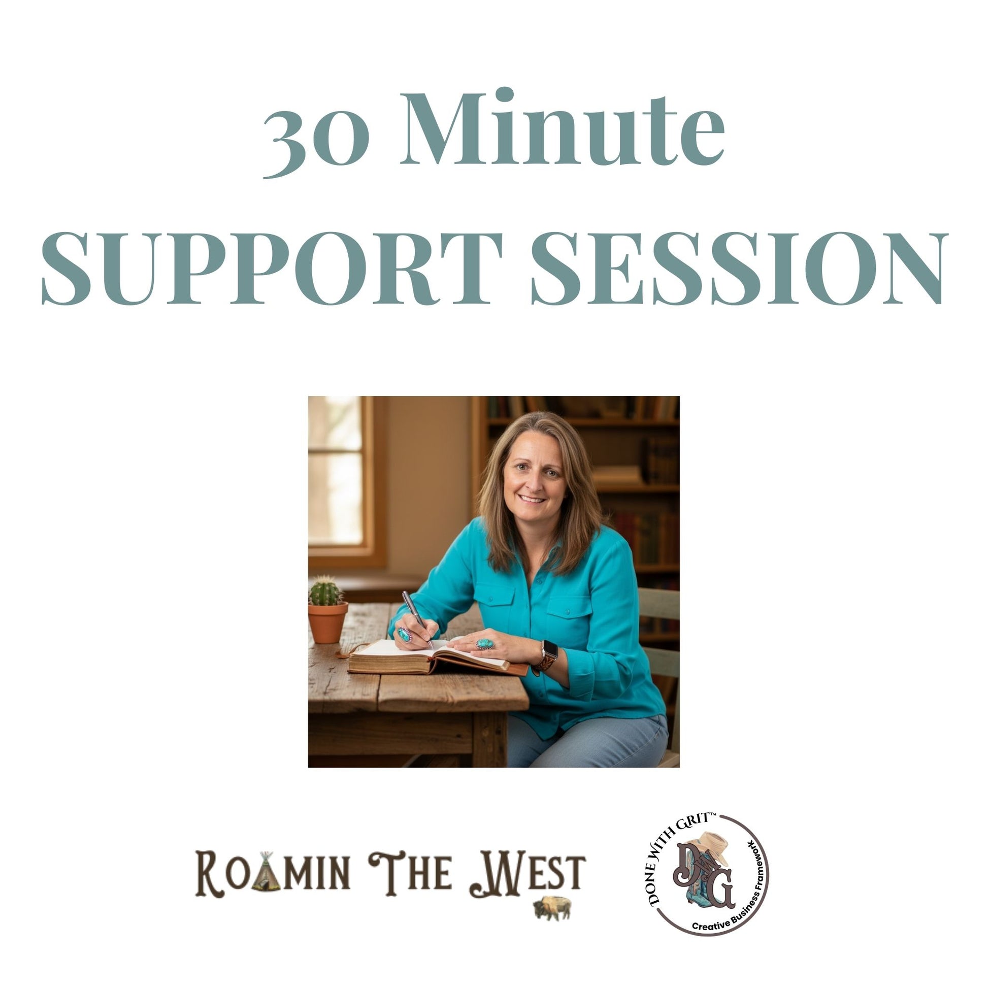Advertisement for a 30-minute support session with the founder Mel sitting at a desk, featuring 'Roamin' The West' branding.