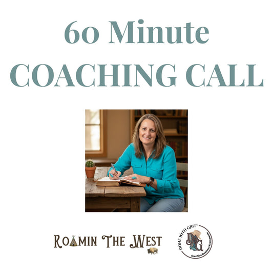 Promotional graphic for a 60-minute coaching call with the founder sitting at a desk, featuring the brand 'Roamin The West'.