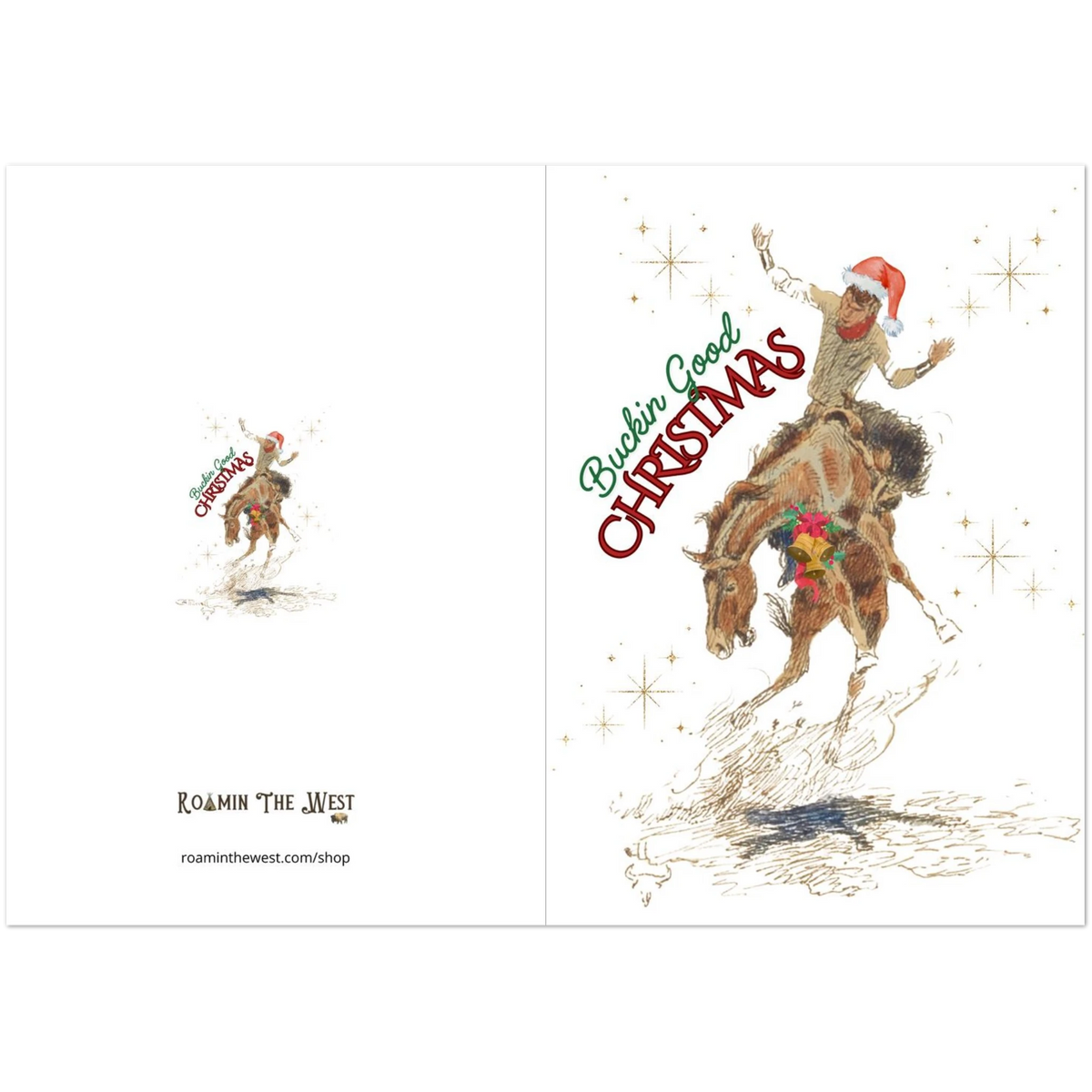 Cowboy Christmas card artwork with an old cowboy riding a bucking horse, red and green “Buckin’ Good Christmas” lettering, and gold stars laying flat showing front and back
