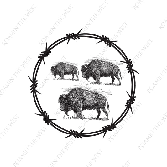 Three bison on roaming with barbed wire round border image for western upholsterers