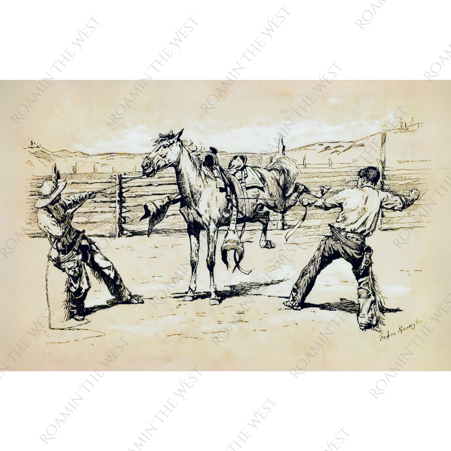 Bronco Busters Saddling by Frederic Remington