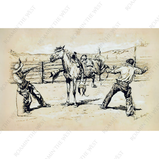 Bronco Busters Saddling by Frederic Remington