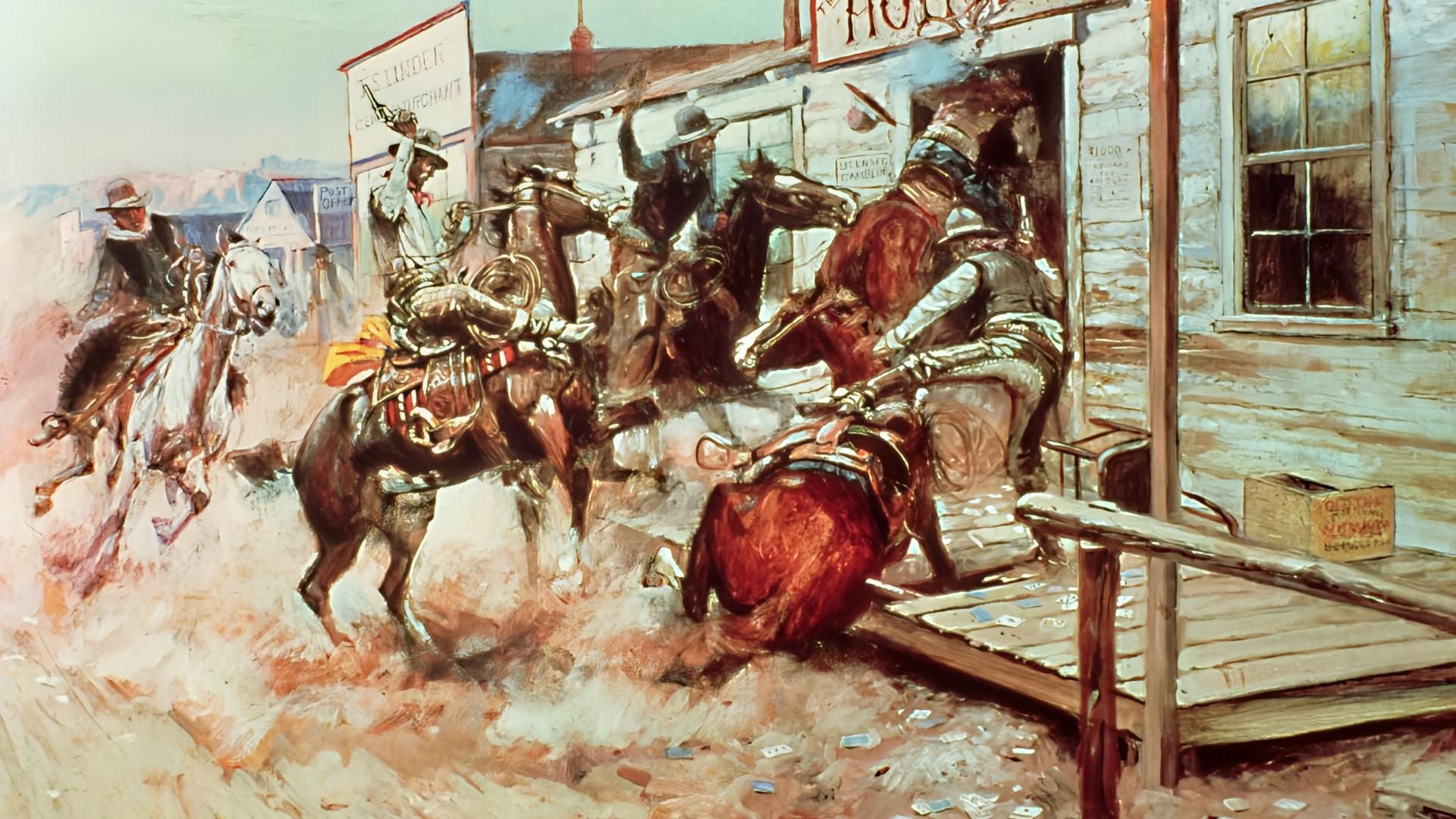 Western scene with cowboys on horseback outside a saloon, likely depicting a shootout.