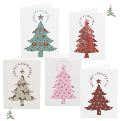 Set of Christmas cards with decorative trees and 'Merry Christmas' text on a white background.