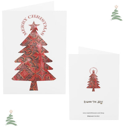 Two Christmas-themed greeting cards with red tree designs on a white background.