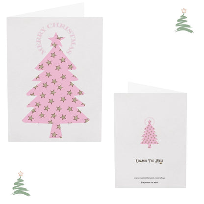Two Christmas cards with pink tree designs and star patterns on a white background.