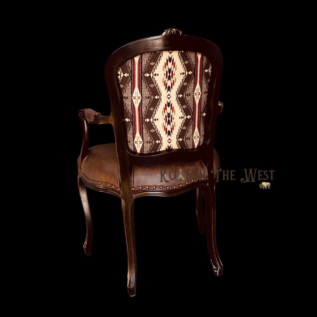 Chair with patterned backrest and brown seat on a black background, featuring 'Roam the West' branding.