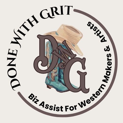 Logo with 'Done With Grit' text and a boot and hat graphic on a beige background