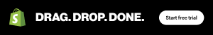 E-commerce platform logo with text 'Drag. Drop. Done.' and a call to action button on a black background.