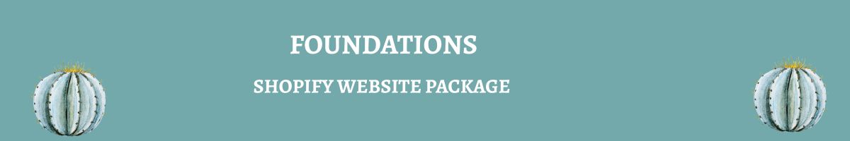 Text 'FOUNDATIONS SHOPIFY WEBSITE PACKAGE' with decorative cacti elements on a teal background