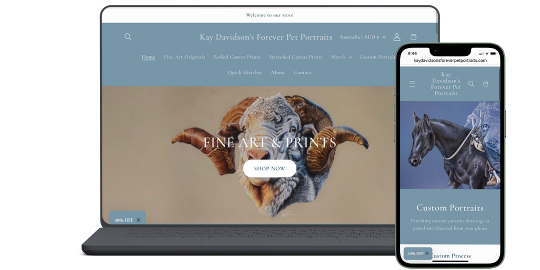 Tablet and smartphone displaying a website with art and portrait options.