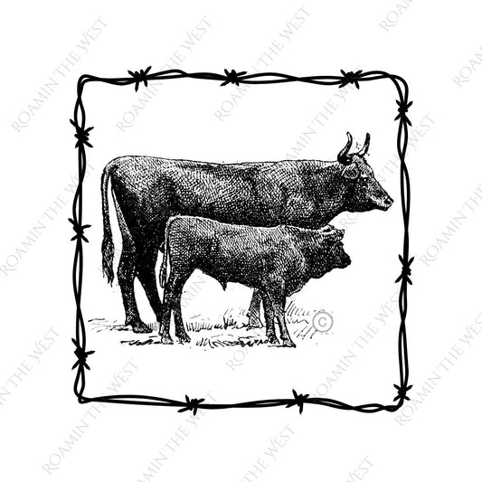 On the ranch cow and calf with barbed wire border image for western upholsterers