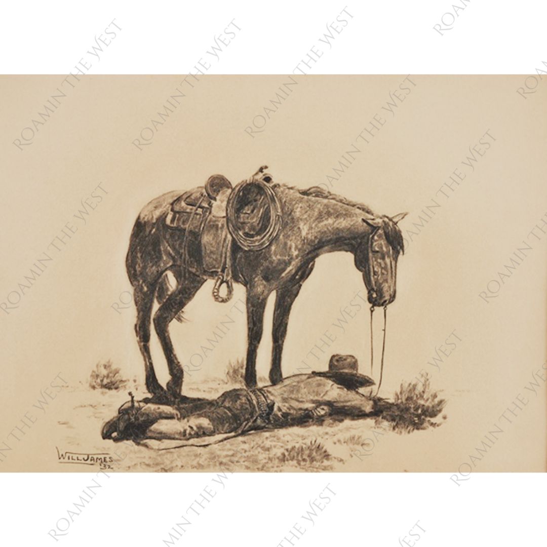 cowboy resting on the ground with horse image for western upholstery