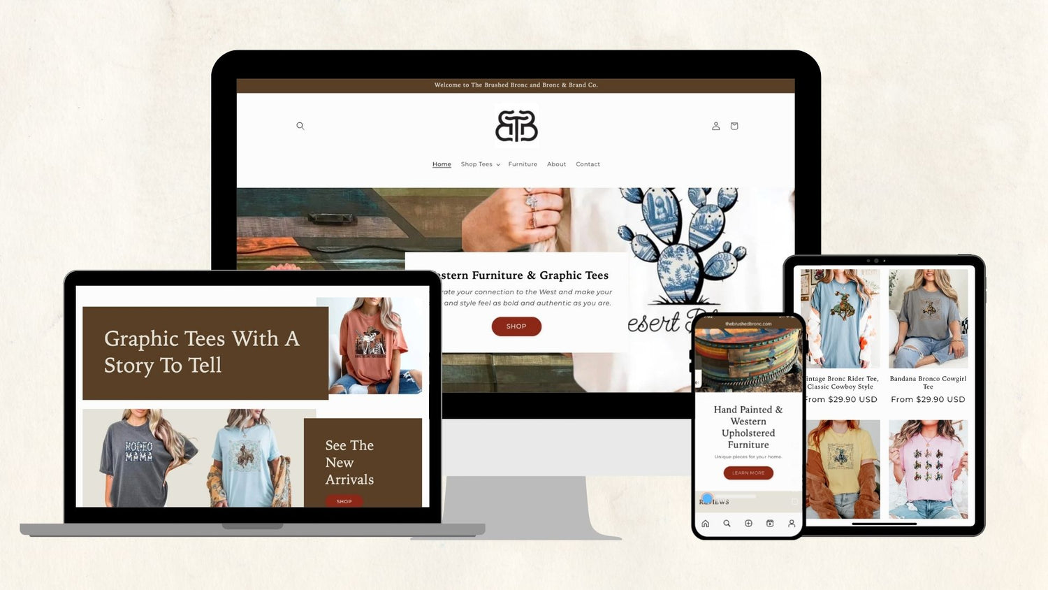 Multiple devices displaying a website with graphic tees and furniture.
