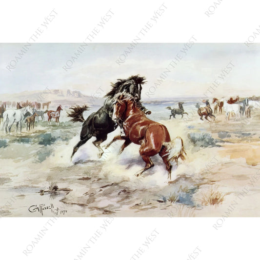 The Challenge by CM Russell artwork depicting two horses fighting
