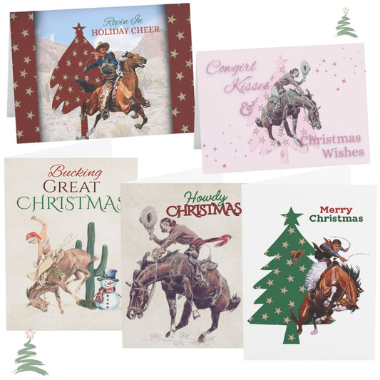 Collection of Christmas cards featuring cowboy and horse illustrations.