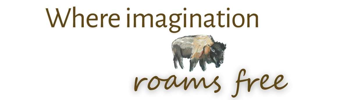 Text 'Where imagination roams free' with a stylized illustration of a bison on a white background
