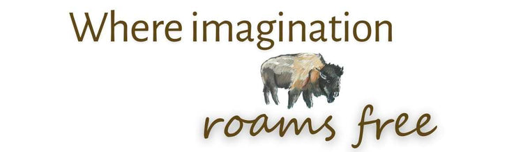Text 'Where imagination roams free' with a stylized illustration of a bison on a white background