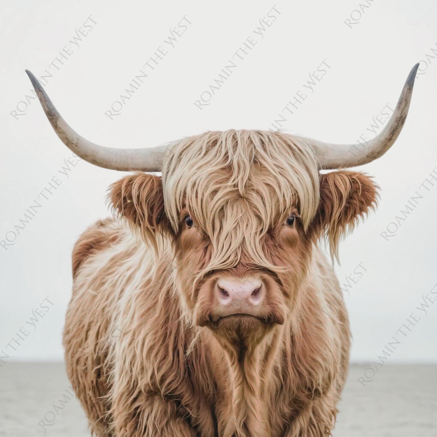 Highland cow with long horns and shaggy fur on a light background