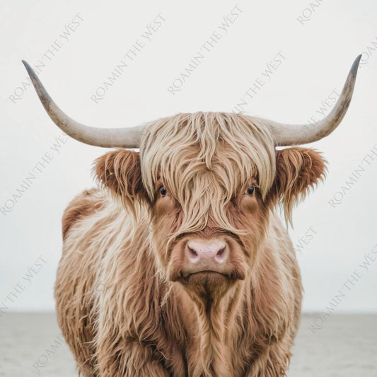 Highland cow with long horns and shaggy fur on a light background