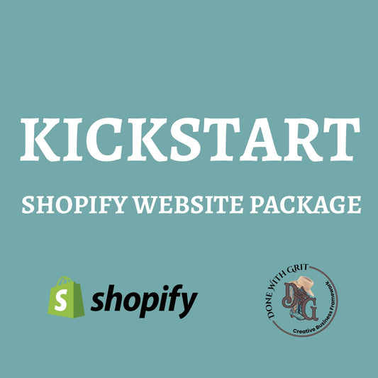 Promotional graphic for a Shopify website package with 'Kickstart' text and logos on a teal background.
