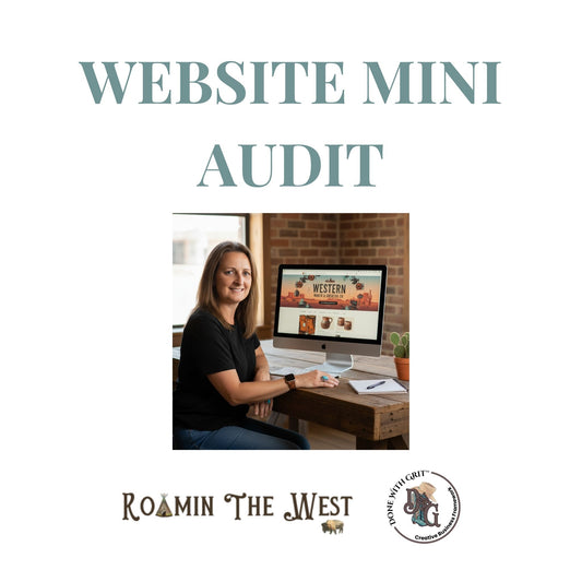 Mel sitting at a desk with a computer displaying 'a client website, with text 'Website Mini Audit' above.